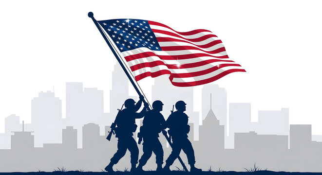 Silhouettes of soldiers raising the american flag against a city skyline - Powered by Adobe