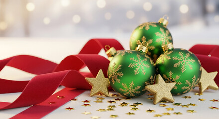 Three green baubles with golden snowflakes and small gold stars, a red ribbon on a white surface with bokeh background, Christmas decor