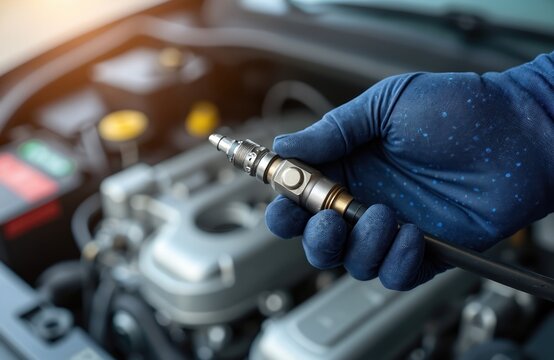 Gloved hand holds oxygen sensor over car engine. Automotive mechanic checks lambda probe in auto repair shop. Tech analyzes exhaust gas air fuel ratio. Auto part service diagnostics