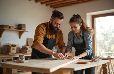 Obraz premium Young couple works in bright carpentry workshop. Bearded man, smiling woman actively craft wood furniture together. Carefully sand wooden board using various hand tools. Small business owners create
