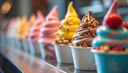 Row of colorful frozen yogurt cups with various toppings and swirled flavors. Desserts lined up on counter, ready for enjoyment, sweet treat variety.