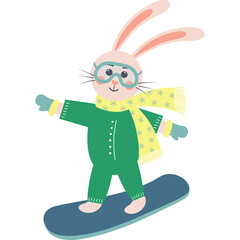 Cute Rabbit Character Wearing Winter Snowsuit Goggles and Scarf Snowboarding Downhill in a Dynamic Pose with a Transparent Background