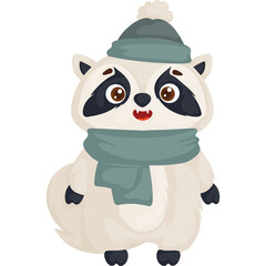 Cute Raccoon Wearing A Teal Winter Hat With Pom Pom And A Scarf On Transparent Background