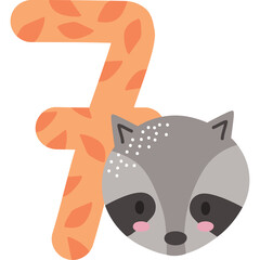 Cute Raccoon Face Peeking Around a Large Orange Number Seven Decorated with Fall Leaves Isolated on Transparent Background