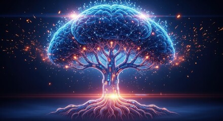 Futuristic tree with glowing brain and circuit patterns in a digital landscape