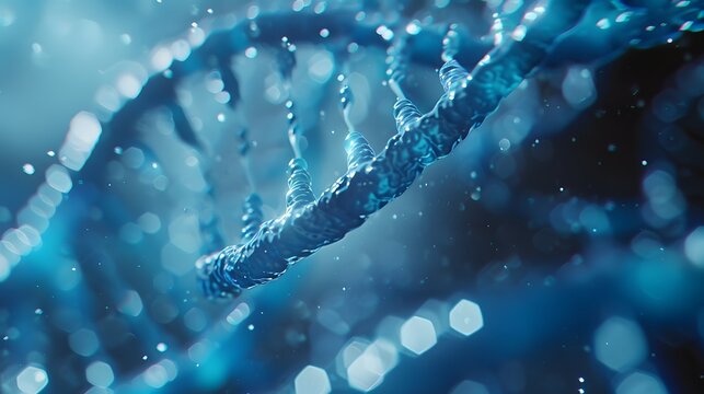 Three dimensional illustration of blue DNA strand showing genetic mutation and molecular structure linked to leukemia research in medical biotechnology. Science concept