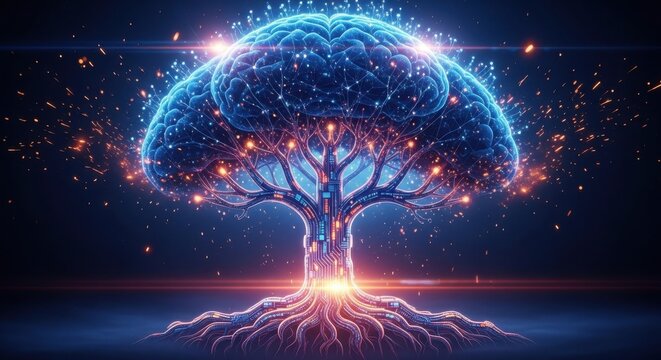 Futuristic tree with glowing brain and circuit patterns in a digital landscape