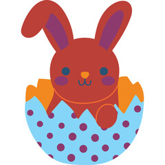 Cute Red Easter Bunny Rabbit Peeking Out Of A Blue Polka Dot Egg with Orange Cracks and Purple Accents on Transparent Background