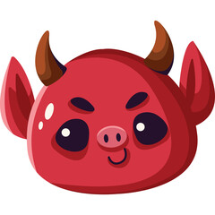 Cute Red Cartoon Devil Face with Horns and Pig Nose Smiling Happily on Transparent Background Pixel Art Style