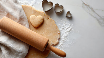 Heart-shaped cookie dough cutout with rolling pin and metal cookie cutters on floured marble surface