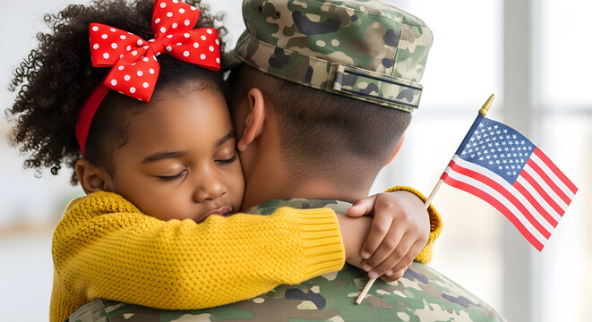 Young african american girl hugs soldier dad returning home with american flag