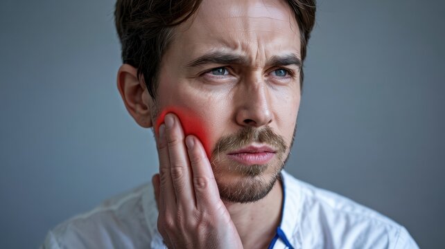 A photo of a person touching his cheek or jaw with one hand, which indicates dental or jaw pain. A photo with a place for the text.