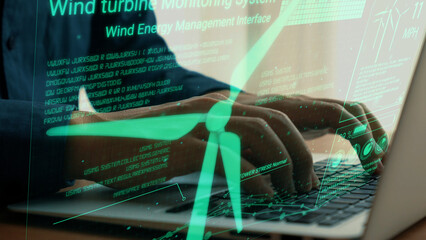 A person uses a laptop to interact with a digital interface displaying wind turbine data, showcasing a sustainable approach to wind energy management and monitoring systems. Cipher