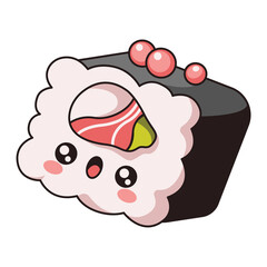 Cute Pixel Art Sushi Roll Character with Pink Rice Salmon and Roe Smiling with Big Eyes on Transparent Background