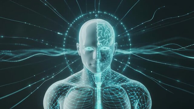 Glowing digital neural pathways in human brain with half organic half digital head futuristic style - Powered by Adobe