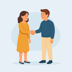Smiling man and woman shaking hands after conversation. Agreement, trust, and positive relationship concept in flat vector style.
