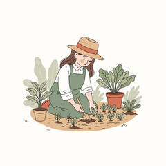 Smiling girl planting vegetable garden with eco concept text