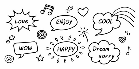 Black-and-white doodle collection with expressive words, cute symbols, hearts, stars, suns, notes, arrows, clouds, and fun decorative shapes. Clean vector line illustration for creative projects.