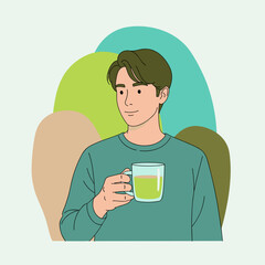 Relaxed man holding glass mug with eco concept text