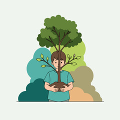 Boy holding young tree with eco concept text against nature background