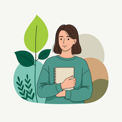 Smiling woman holding paper notebook with eco concept text and plants