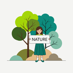 Smiling girl holding &ldquo;Nature&rdquo; sign in forest with eco concept text