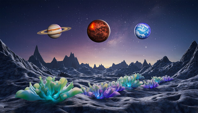 Fantasy alien landscape with colorful planets Saturn Mars Earth hovering over mountains with glowing crystal flowers