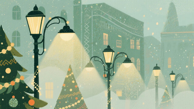 A serene outdoor scene featuring warmly lit street lamps lining a path, gracefully positioned beside a festive Christmas tree, all subtly dusted with snow and evoking a peaceful holiday evening.
