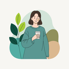 Smiling woman carrying paper cup with eco concept text and plants