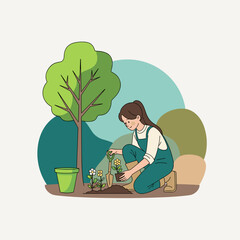 Smiling girl planting flower bed with eco concept text in garden