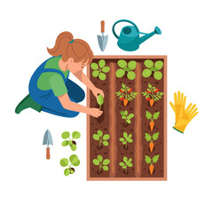 Girl planting vegetable garden with eco tools on white background