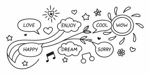 Black-and-white doodle collection with expressive words, cute symbols, hearts, stars, suns, notes, arrows, clouds, and fun decorative shapes. Clean vector line illustration for creative projects.