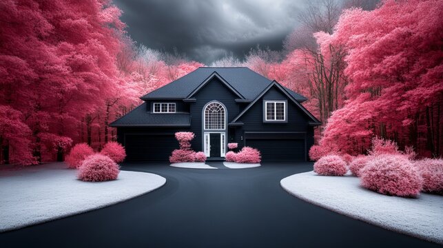 Dark house stands surrounded by vivid pink trees under ominous cloudy skies. - high quality Dark house stands surrounded by vivid pink trees under omi