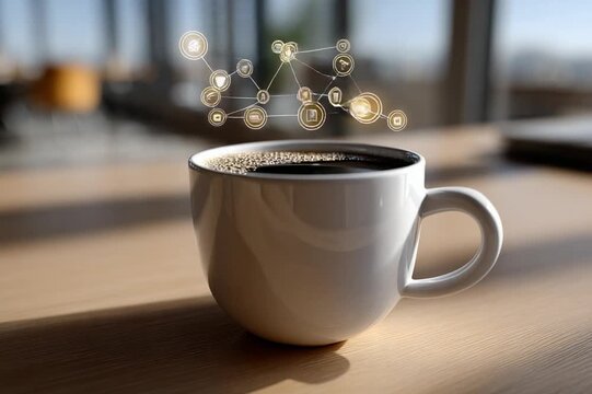 Cup of Coffee & Digital Connections: A steaming cup of coffee sits on a wooden surface, overlaid with a digital network graphic, symbolizing the fusion of technology and the energy of a fresh brew. 
