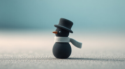 A whimsical miniature snowman stands on a sparkling surface, complete with a hat, scarf, and carrot nose, against a soft, serene backdrop.