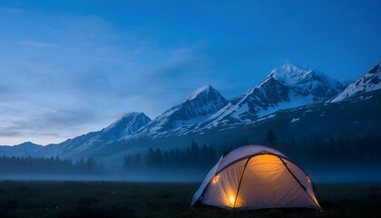 Glowing Dome Tent on Alpine Meadow at Blue Hour
