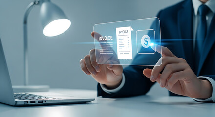 Businessman interacting with digital invoice and payment icon on a virtual screen using laptop in office.