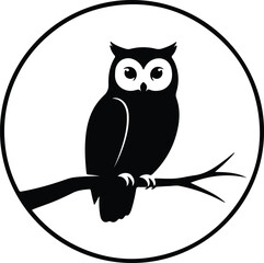 Illustration owl sitting on branch inside circle frame silhouette vector