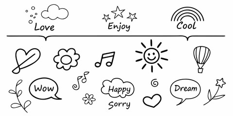Playful hand-drawn doodle set featuring speech bubbles, words, hearts, stars, sun icons, music notes, arrows, and decorative line art. Minimal black-and-white vector illustration for creative design.