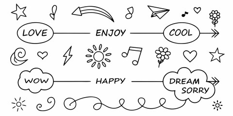 Playful hand-drawn doodle set featuring speech bubbles, words, hearts, stars, sun icons, music notes, arrows, and decorative line art. Minimal black-and-white vector illustration for creative design.