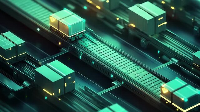 Automated packages moving on a futuristic smart logistics conveyor system - Powered by Adobe