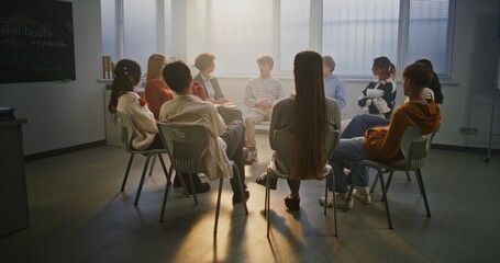 Diverse Group of Students Participates in Classroom Talk on Mental Health Guided by Compassionate...