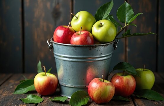 Red and green apples fill galvanized bucket on rustic wooden table. Fresh ripe fruits with leaves display orchard harvest for healthy eating. Variety of apples shown.