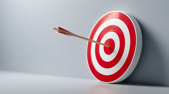 A red and white target with a single arrow hitting the center of it, symbolizing success or achievement in business goals