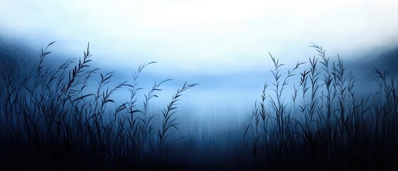 Obraz premium Twilight oil painting depicting serene plants against a twilight sky with soft hues creating a calm atmosphere and winning a stock photo contest