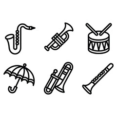 Collection of six black outline icons representing musical instruments and an umbrella saxophone