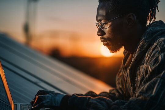 Focused technician inspecting solar panels at sunset, using a laptop to monitor renewable energy performance in warm golden-hour light