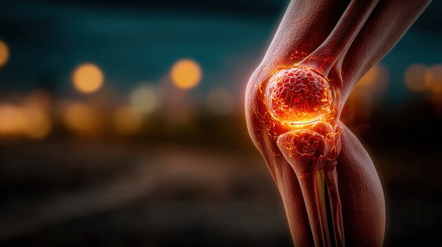 Stunning 3D render of a human knee joint glowing with internal energy and inflammation, perfect for medical science and health concepts.