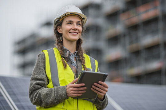 Confident female solar engineer in hard hat and high-visibility vest holding a tablet at a construction site with solar panels and scaffolding in background