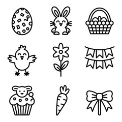 Nine black line art icons for Easter and spring celebrations symbol